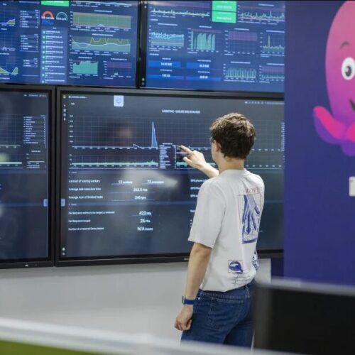 a person looks at screens with their back to the camera next to a large panel with the octopus energy logo on